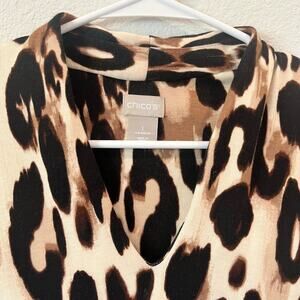 Chicos Womens Pima Cotton Cheetah Print Long Sleeve V-Neck Blouse | Size 1 (Med)